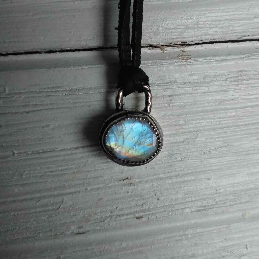 Sterling Silver Rainbow Moonstone Padlock with 36 inch leather necklace